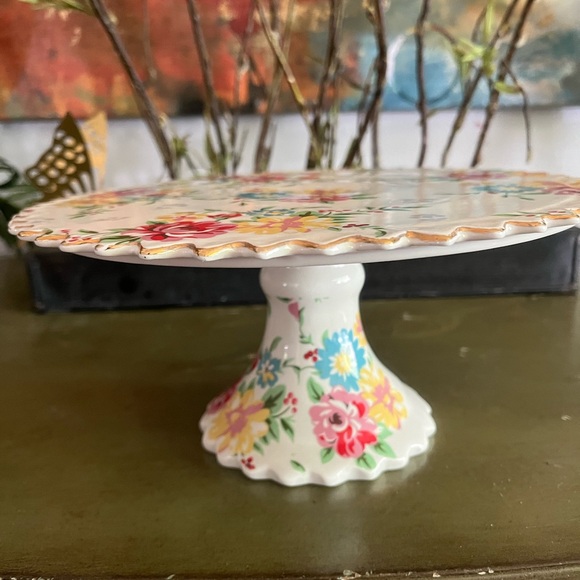 Grace Tea Ware Cake Plate Stand Floral Pedestal Gold Trim Scalloped Edges Riser - Picture 2 of 5